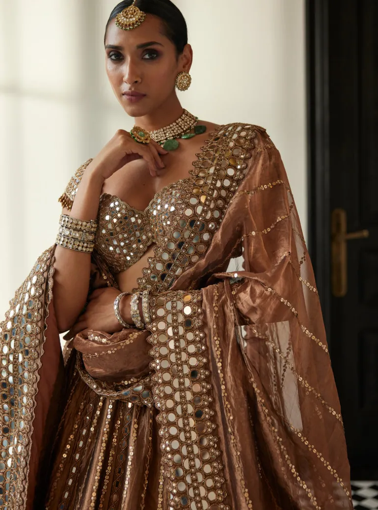 Copper Shimmer Organza Linear Lehenga Set