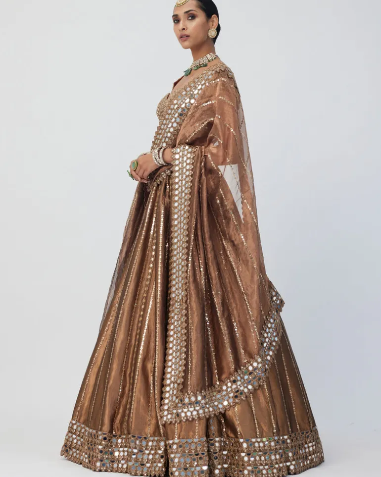 Copper Shimmer Organza Linear Lehenga Set