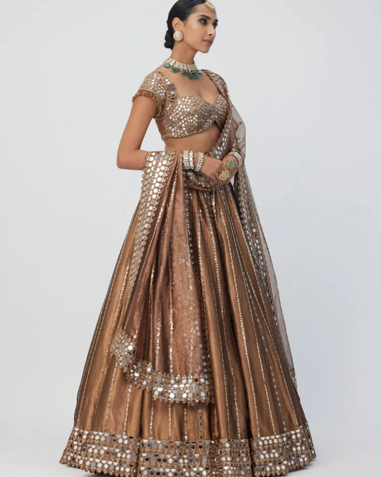 Copper Shimmer Organza Linear Lehenga Set