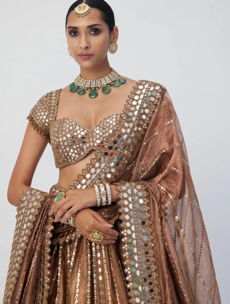 Copper Shimmer Organza Linear Lehenga Set
