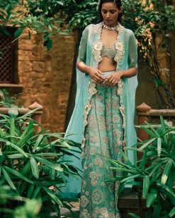 Coral Blue Cape And Pants Set