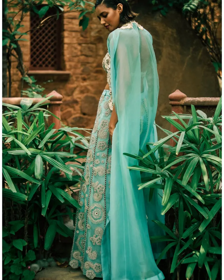 Coral Blue Cape And Pants Set