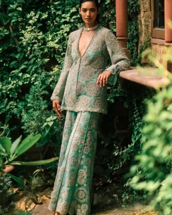 Coral Blue Embroidered Jacket And Pants Set