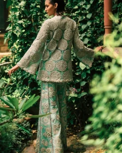 Coral Blue Embroidered Jacket And Pants Set