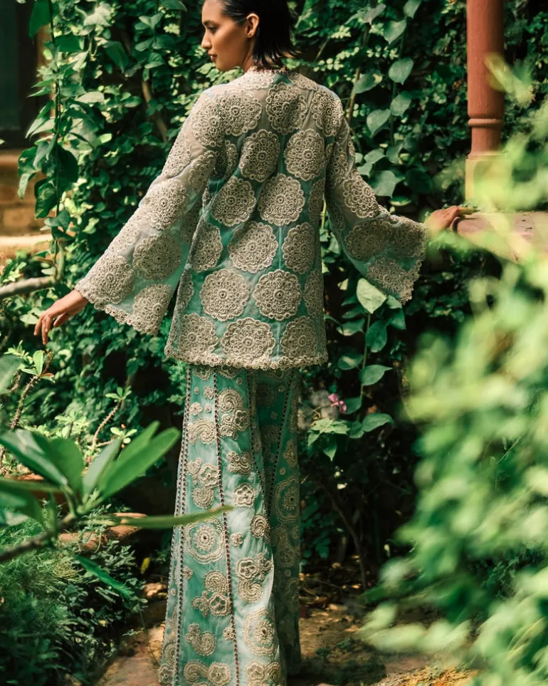 Coral Blue Embroidered Jacket And Pants Set