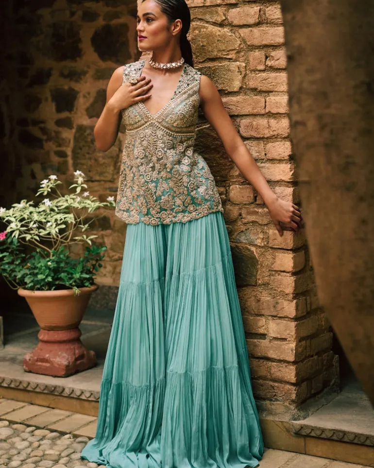 Coral Blue Embroidered Kurti Set