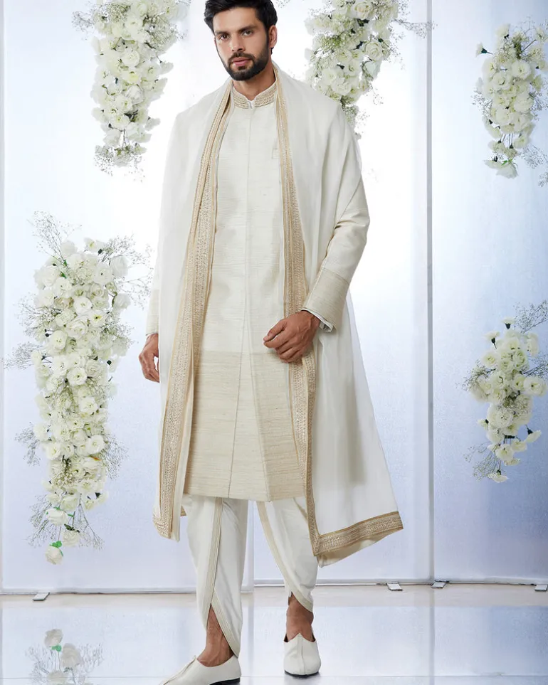 Cream & Gold Zari Sherwani Set