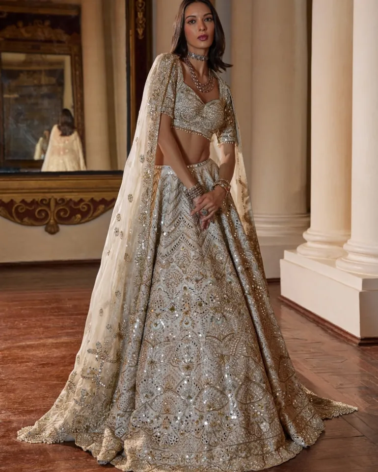 Cream And Green Highlighting Lehenga Set