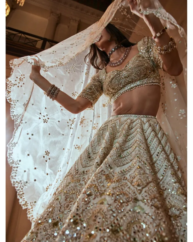 Cream And Green Highlighting Lehenga Set