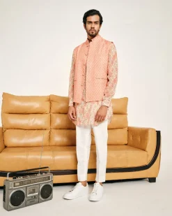 Cream and Peach Gul Malai Cotton Kurta Pajama Set