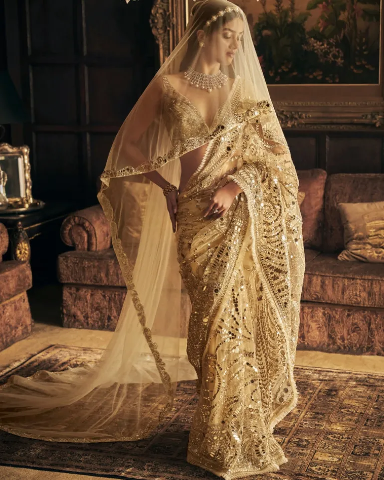 Cream Gold Mirror Work Sari Set