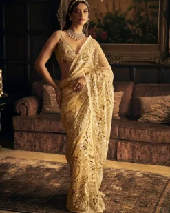 Cream Gold Mirror Work Sari Set