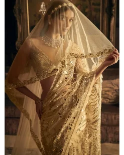 Cream Gold Mirror Work Sari Set