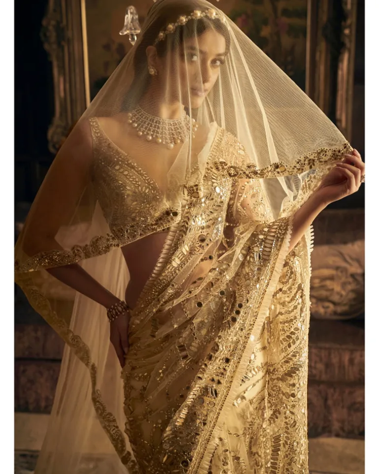 Cream Gold Mirror Work Sari Set