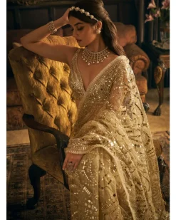 Cream Gold Mirror Work Sari Set