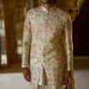 Cream Multi-Coloured Three- Dimensional Sherwani Set
