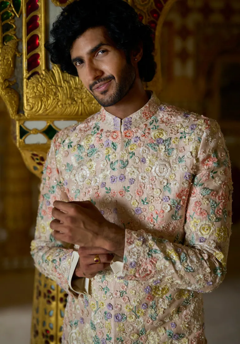 Cream Multi-Coloured Three- Dimensional Sherwani Set