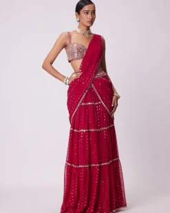 Crimson Red Multi- Tier Sequin Embroidered Sari Set
