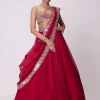 Crimson Red Organza Hand Embroidered Lehenga Set