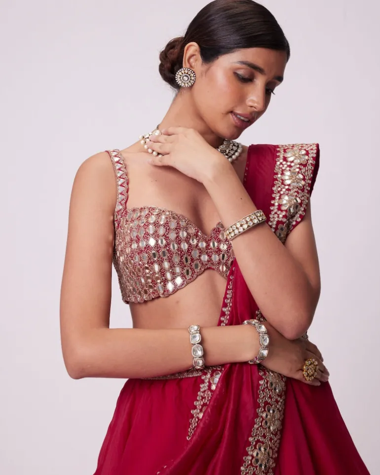 Crimson Red Organza Hand Embroidered Lehenga Set