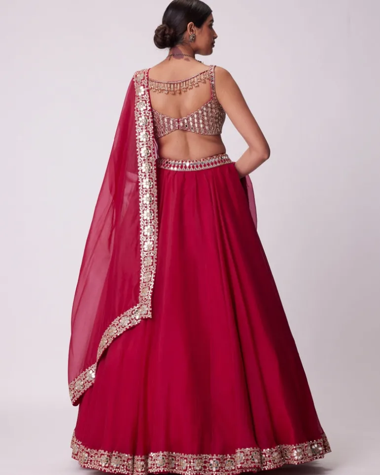 Crimson Red Organza Hand Embroidered Lehenga Set