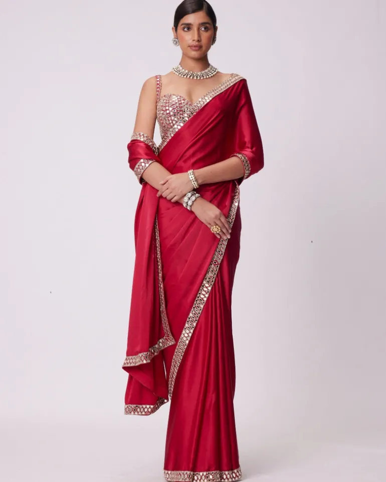 Crimson Red Satin Sari Set