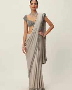 Crystal Grey Satin Sari Set