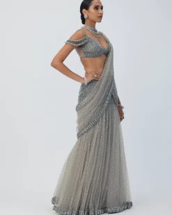 Crystal Grey Sequin Scattered Pre Draped Sari Set