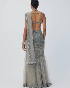 Crystal Grey Sequin Scattered Pre Draped Sari Set