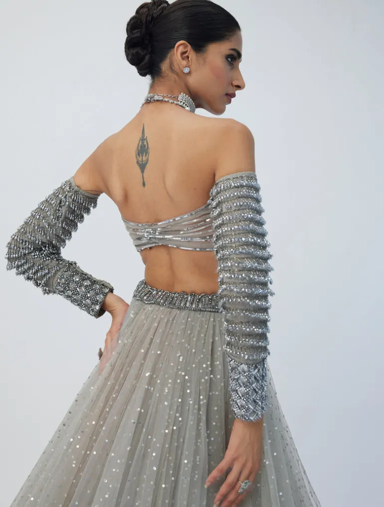 Crystal Grey Tulle Lehenga Set