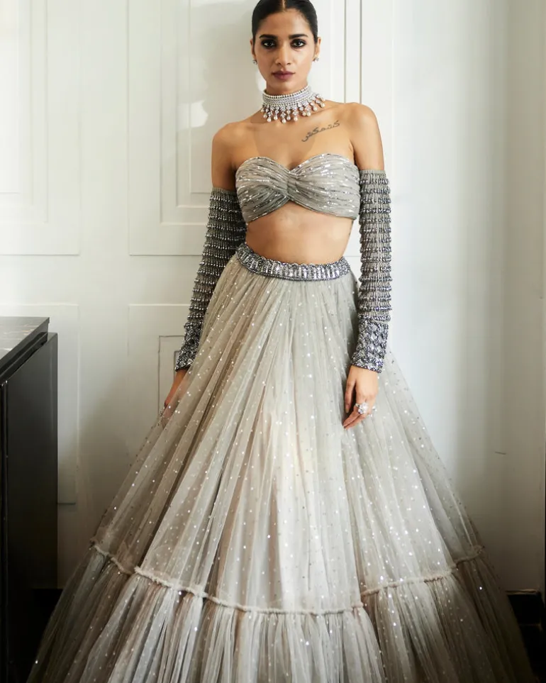 Crystal Grey Tulle Lehenga Set