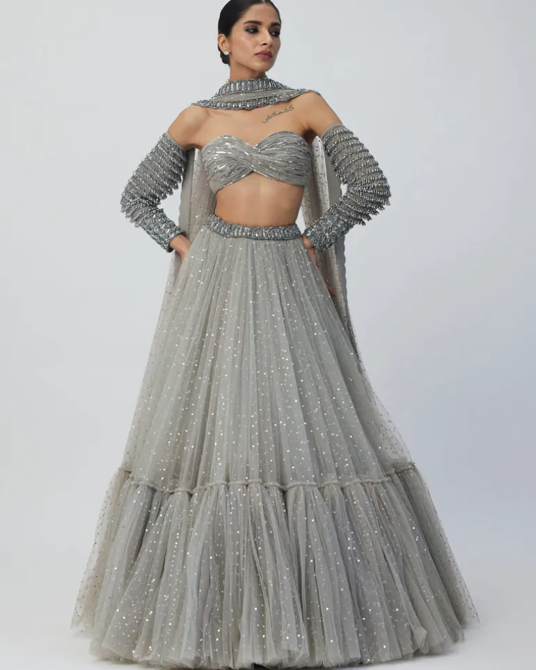 Crystal Grey Tulle Lehenga Set