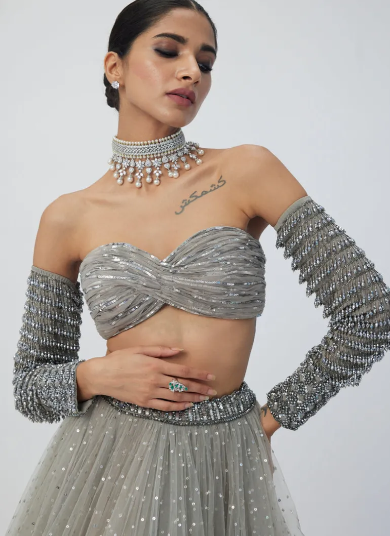 Crystal Grey Tulle Lehenga Set