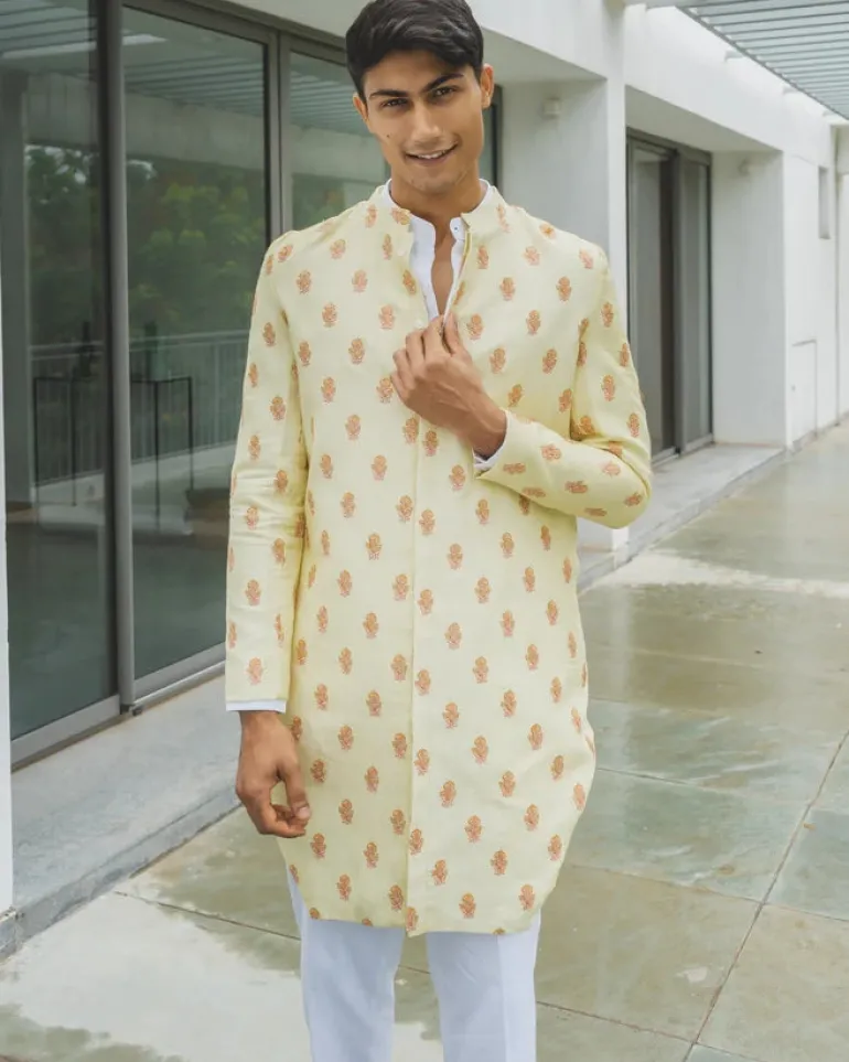 Daffodil Linen Threadwork Achkan Set