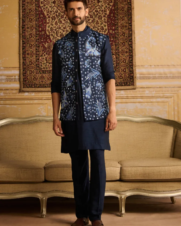 Dark Blue Cosmic Floral Embroidered Kurta With Dark Blue Pants