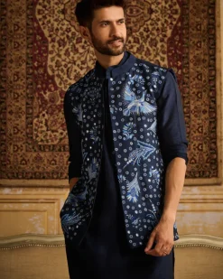 Dark Blue Cosmic Floral Embroidered Kurta With Dark Blue Pants