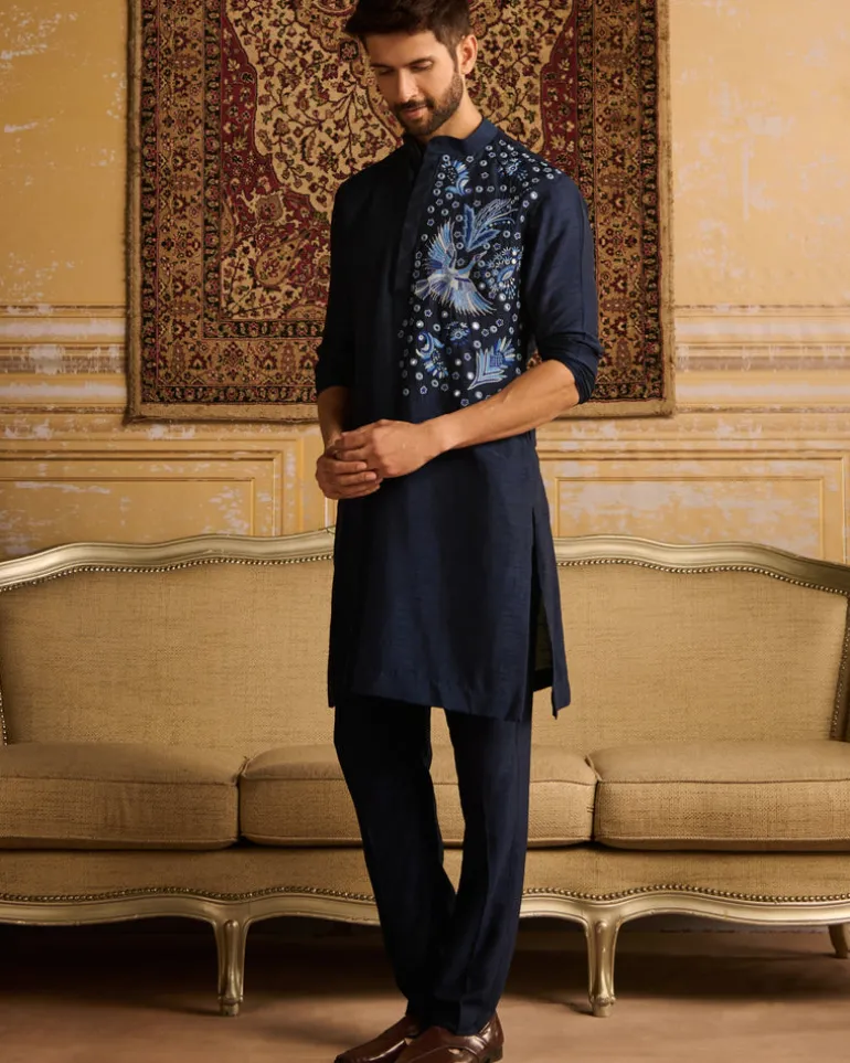 Dark Blue Cosmic Floral Embroidered Kurta With Dark Blue Pants