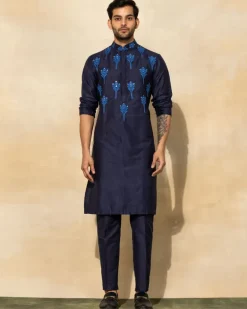 Dark Blue Feather Embroidered Kurta Set