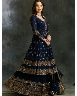 Dark Blue Gold Jacket With Border Skirt