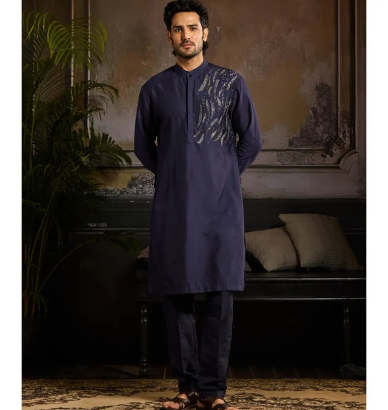 Dark Blue One Side Cutdana Wave Embroidered Kurta Paired With Dark Blue Pants