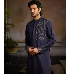 Dark Blue One Side Cutdana Wave Embroidered Kurta Paired With Dark Blue Pants