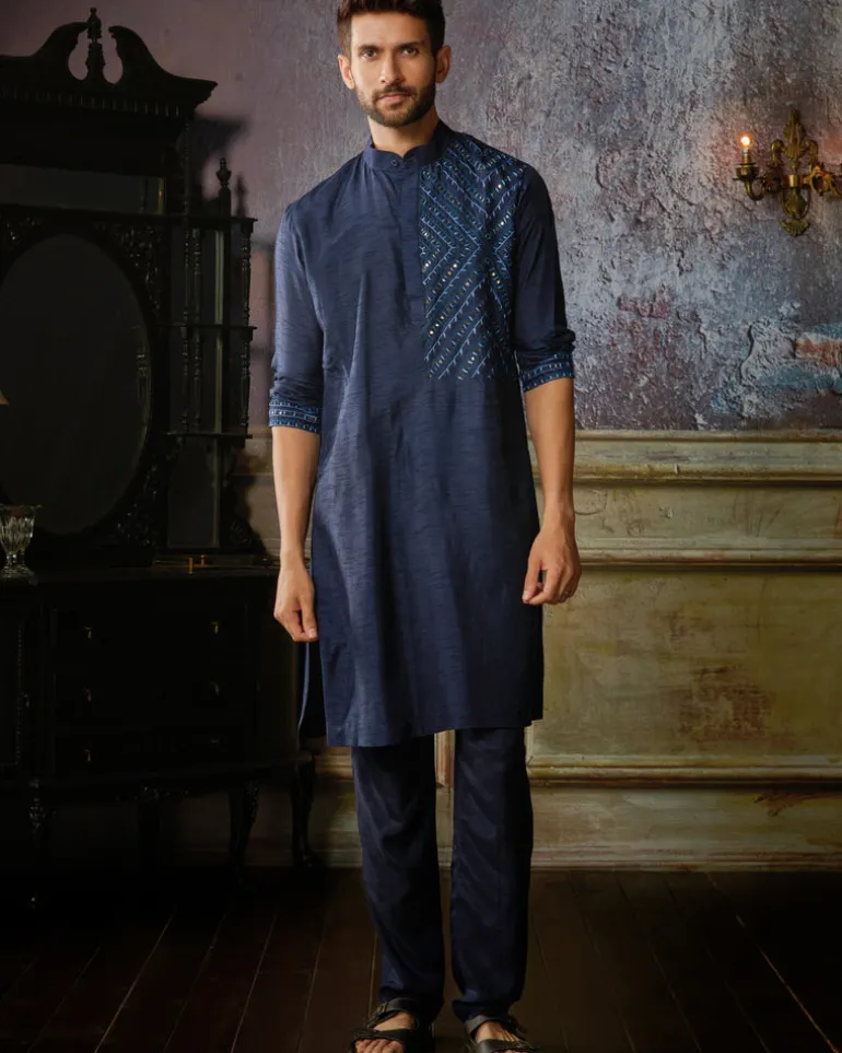 Dark Blue Thread & Mirror Embroidered Kurta With Dark Blue Pants
