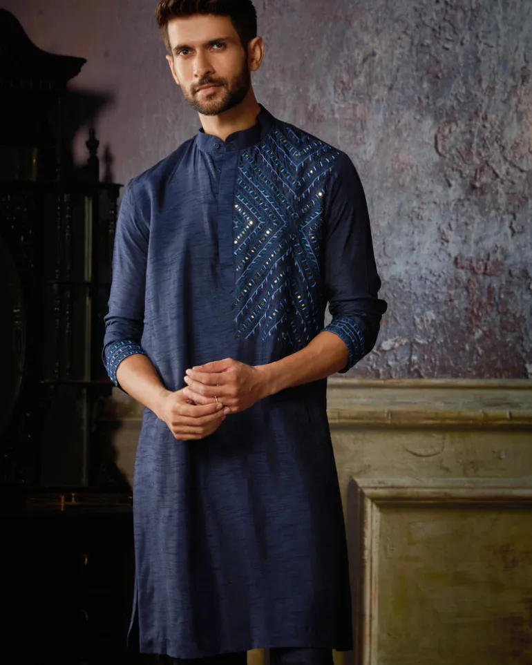 Dark Blue Thread & Mirror Embroidered Kurta With Dark Blue Pants