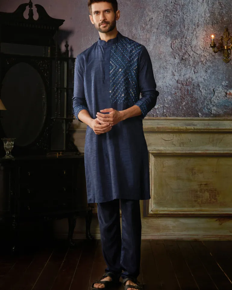 Dark Blue Thread & Mirror Embroidered Kurta With Dark Blue Pants