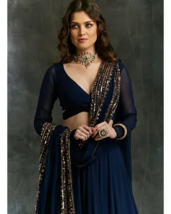 Dark Blue Wrap Blouse Georgette Lehenga