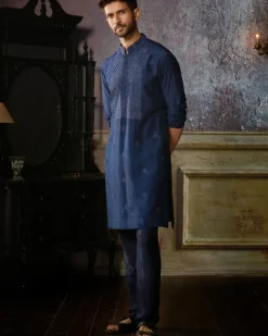 Dark Blue Yoke & Butta Embroidered Kurta With Dark Blue Pants