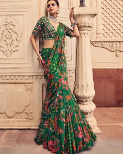 Dark Green Embroidered Blouse And Mermaid Sari Set