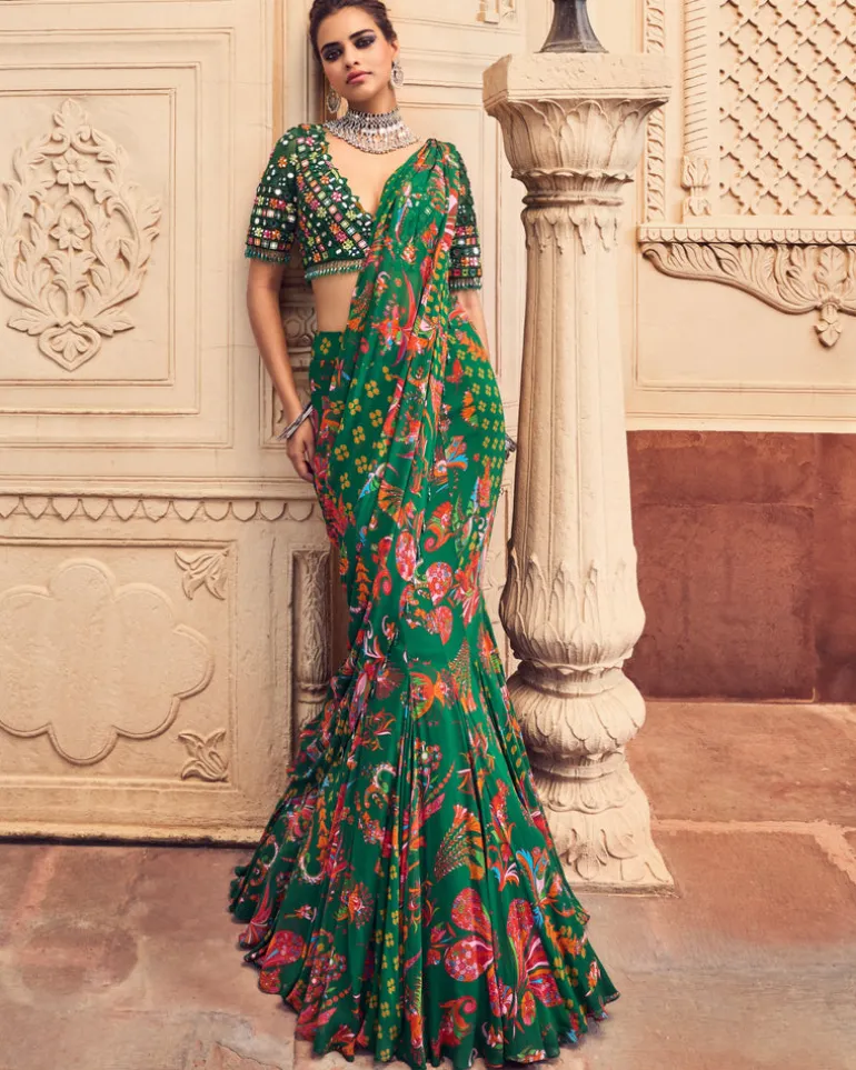 Dark Green Embroidered Blouse And Mermaid Sari Set
