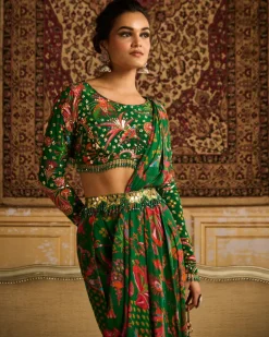 Dark Green Embroidered Blouse And Pant Sari Set