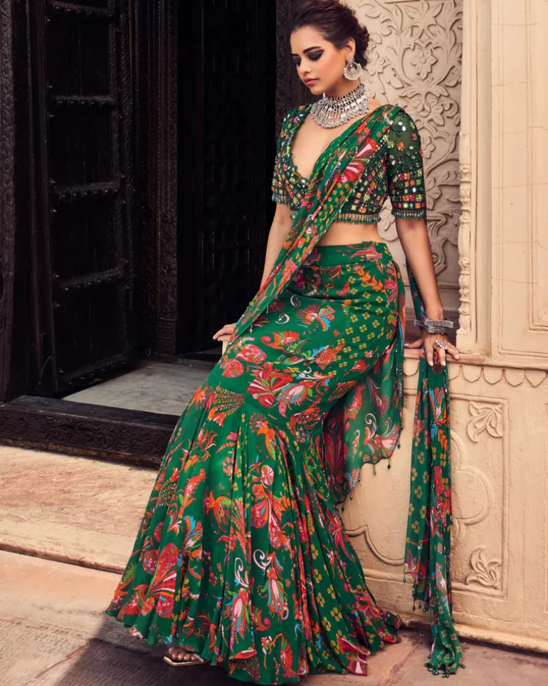 Dark Green Embroidered Blouse And Mermaid Sari Set